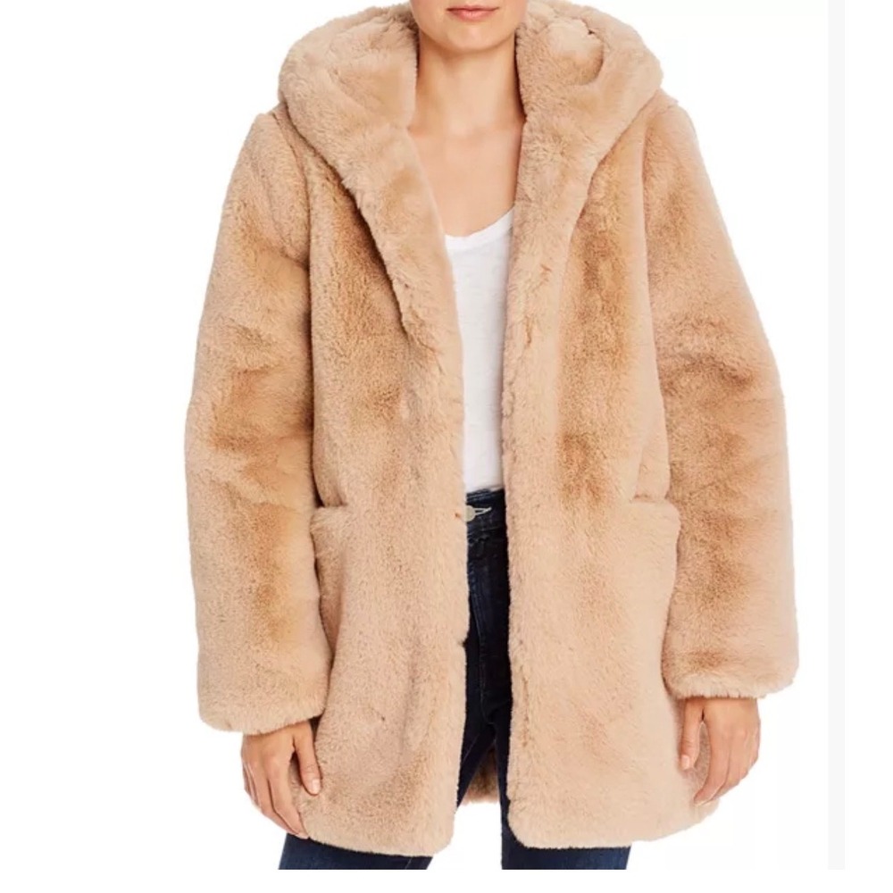 Apparis Faux Fur Hooded Coat Women M Tan Glam Plush Oversized Mid-Length Jacket